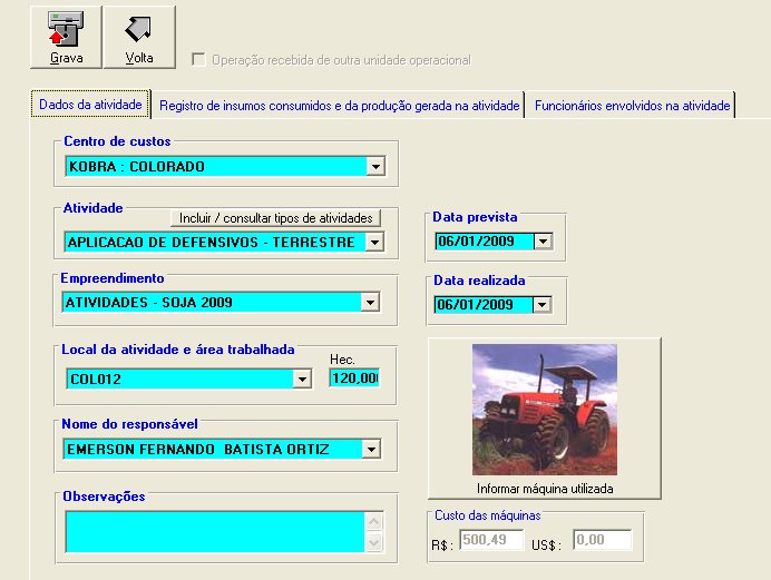 Exemplo do cadastro de uma atividade no software rural Gerente S7 - Módulo Agri