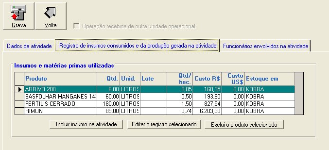 Exemplo do registro de uso de insumos no software Gerente AgroNegócios S7 - Módulo Agri