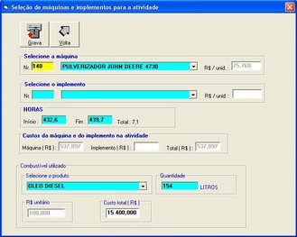 Exemplo do registro do uso de máquinas no software Gerente AgroNegócios S7 - Módulo Agri