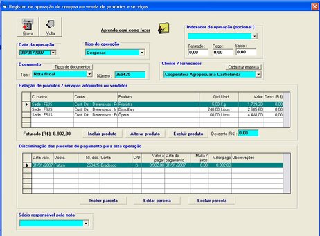 Exemplo de uma operação de compra ou venda no software Farmplus