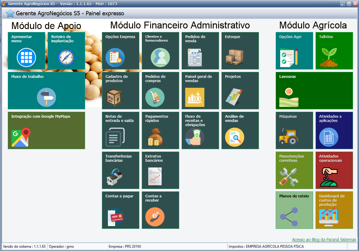 Tela inicial do software agrícola Gerente Agronegócios S5