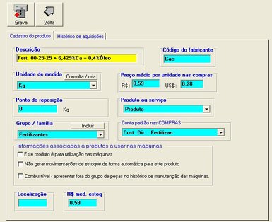 Exemplo de ficha de um produto no software rural Farmplus